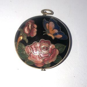 Vintage Cloisonné double sided flower  butterfly pendant charm gold-tone